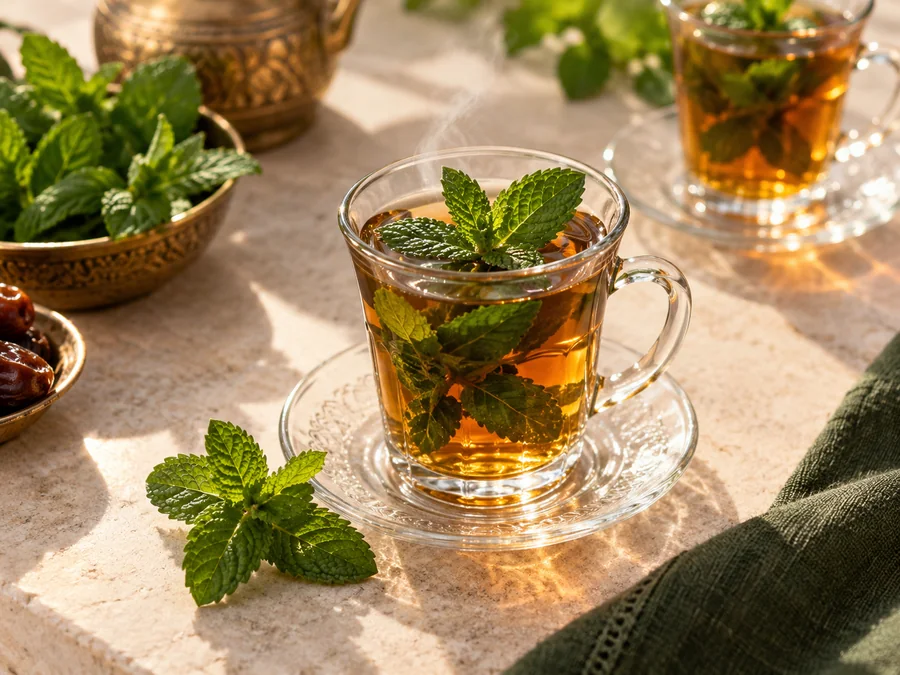شاي بالنعنع بكاسة زجاج